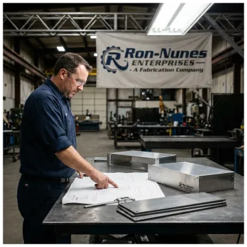 Technician reviewing fabrication drawings
