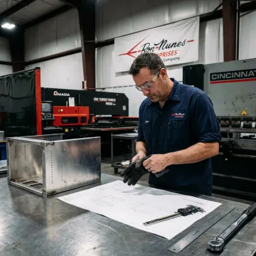 Metal fabricator reviewing welded assembly