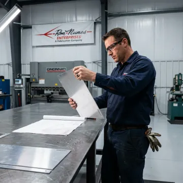 Fabricator inspecting laser-cut metal parts