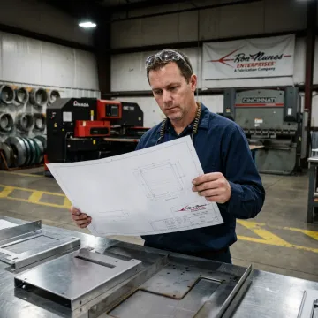 Fabricator reviewing CNC metal parts