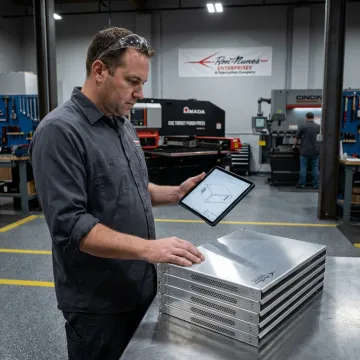Technician reviewing metal fabrication drawings