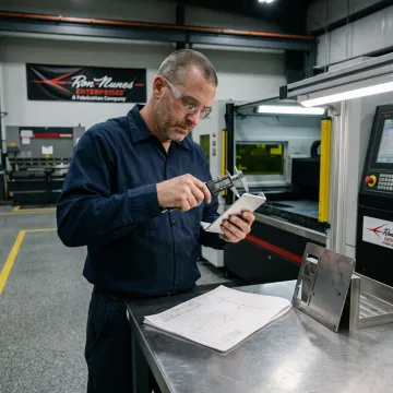 Technician reviewing laser cut metal parts