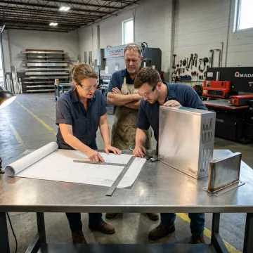 Metal fabrication team reviewing drawings near finished parts