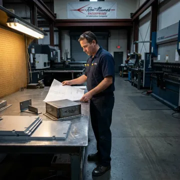 Technician reviewing metal fabrication drawings beside formed components