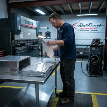 Metal fabricator reviewing parts during production