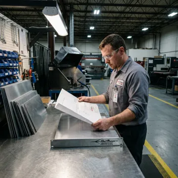 Fabricator reviewing metal part drawings
