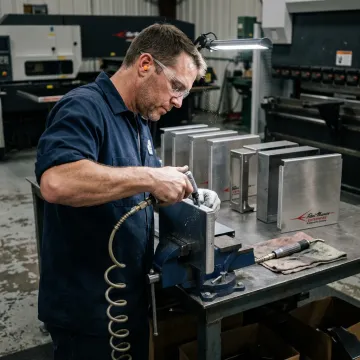 Technician finishing precision metal parts