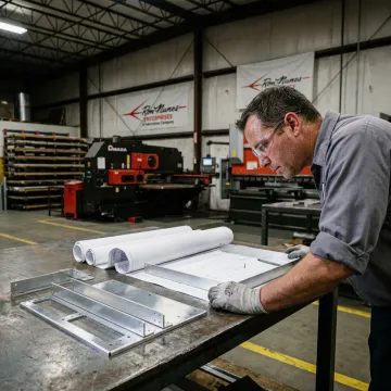 Technician reviewing sheet metal drawings beside laser cut parts