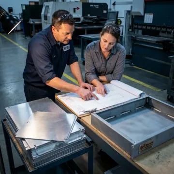 Metal fabrication team reviewing drawings