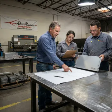 Metal fabrication team reviewing steel parts