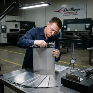 Technician inspecting finished metal parts