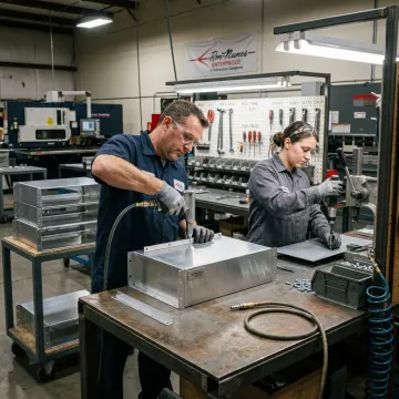 Technicians assembling fabricated metal components