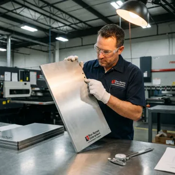 Technician inspecting finished metal parts