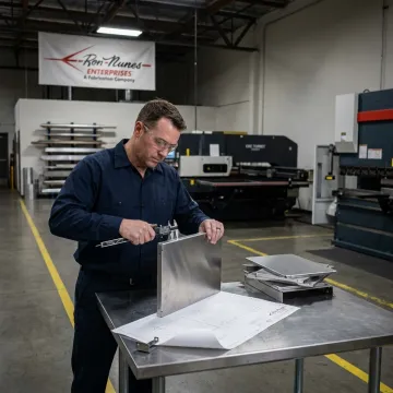 Technician inspecting fabricated metal parts