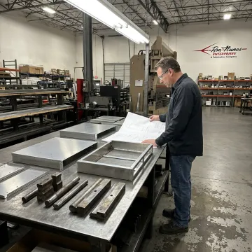 Technician reviewing aluminum fabrication drawings