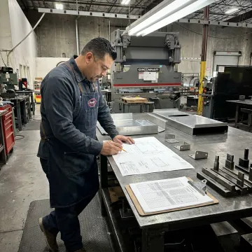 Engineer reviewing fabrication drawings and finished metal parts