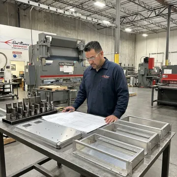 Engineer reviewing CAD drawings and fabricated metal parts