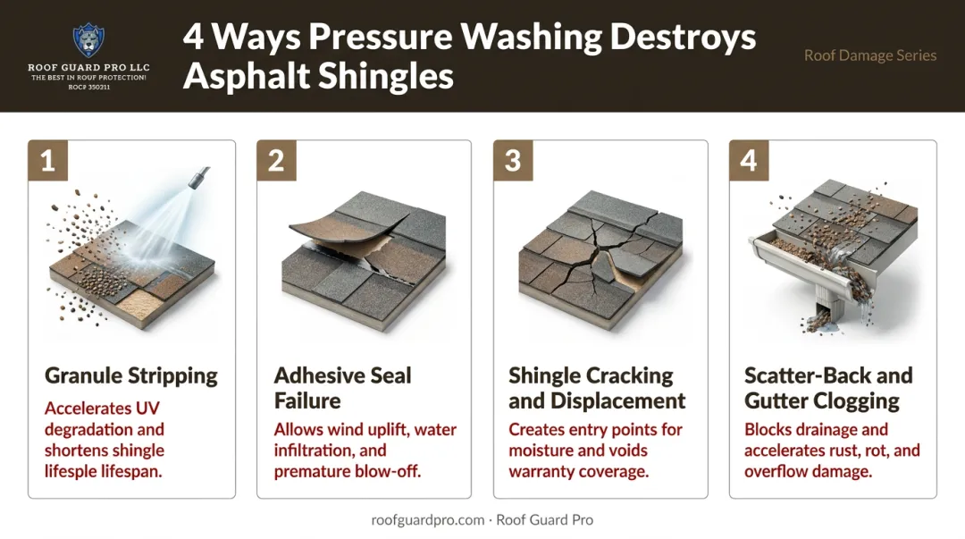 Four ways pressure washing damages asphalt shingles step-by-step infographic