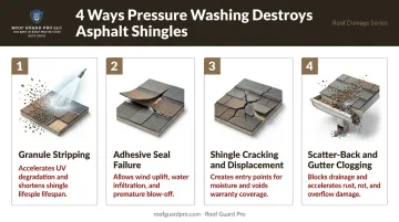 Four ways pressure washing damages asphalt shingles step-by-step infographic