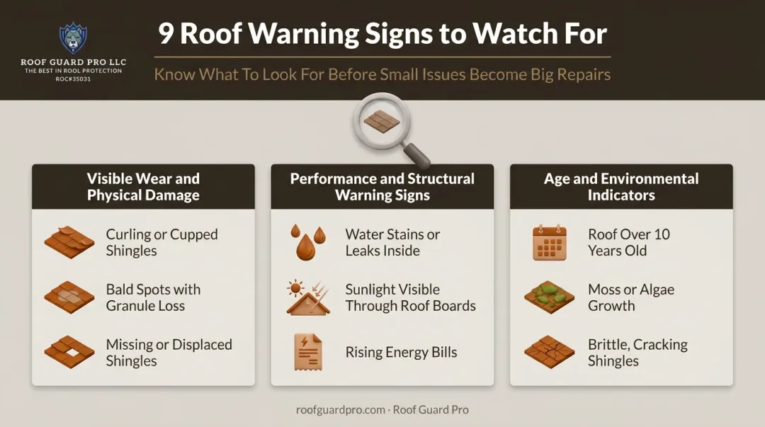 Three categories of warning signs for aging roof shingles checklist