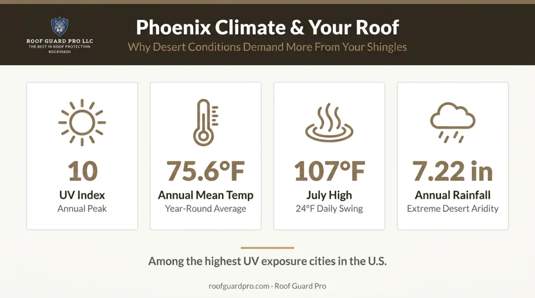 Phoenix Arizona extreme UV and heat climate metrics accelerating roof shingle aging
