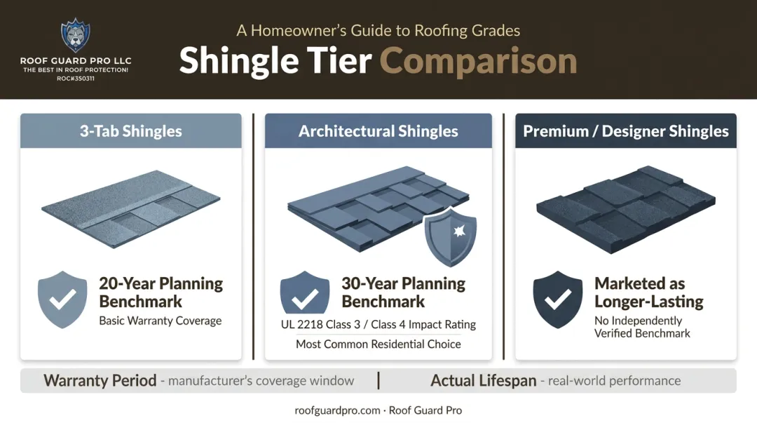 3-tab versus architectural versus premium shingle warranty comparison chart