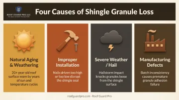 Four common causes of asphalt shingle granule loss comparison infographic