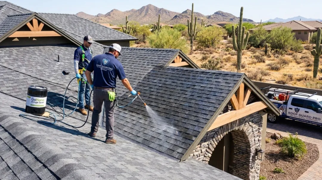 GoNano Shingle Saver nanotechnology coating application on Arizona residential roof