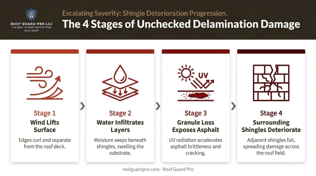 4-stage asphalt shingle delamination damage escalation sequence infographic