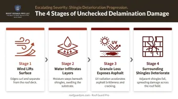 4-stage asphalt shingle delamination damage escalation sequence infographic