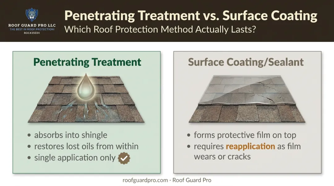 Penetrating shingle rejuvenant versus surface coating sealant comparison diagram