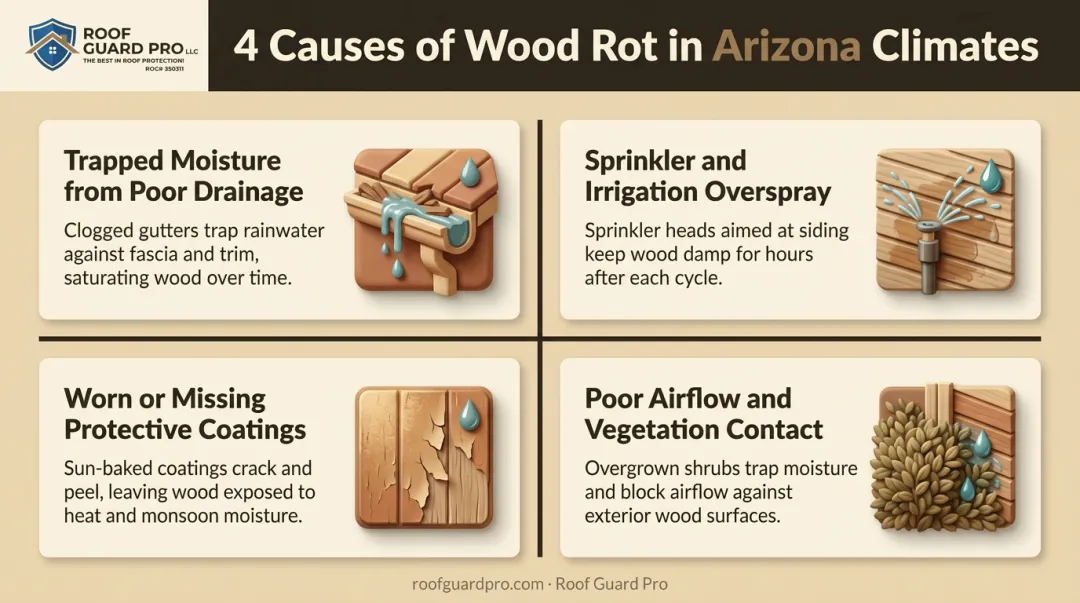 Four common causes of wood rot in Arizona backyards infographic