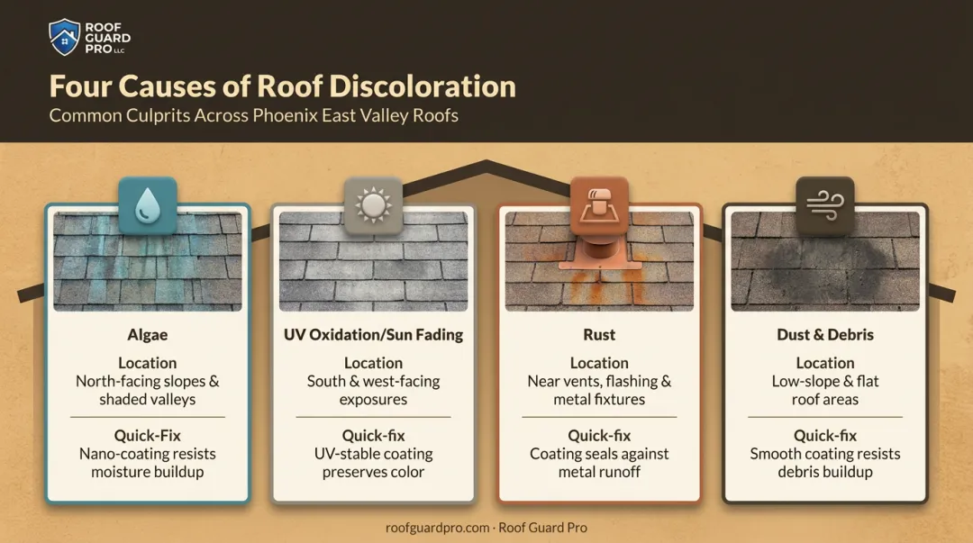 Comparison infographic of four roof shingle discoloration causes and signs