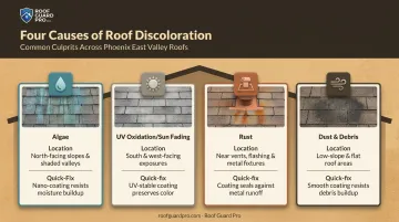 Comparison infographic of four roof shingle discoloration causes and signs