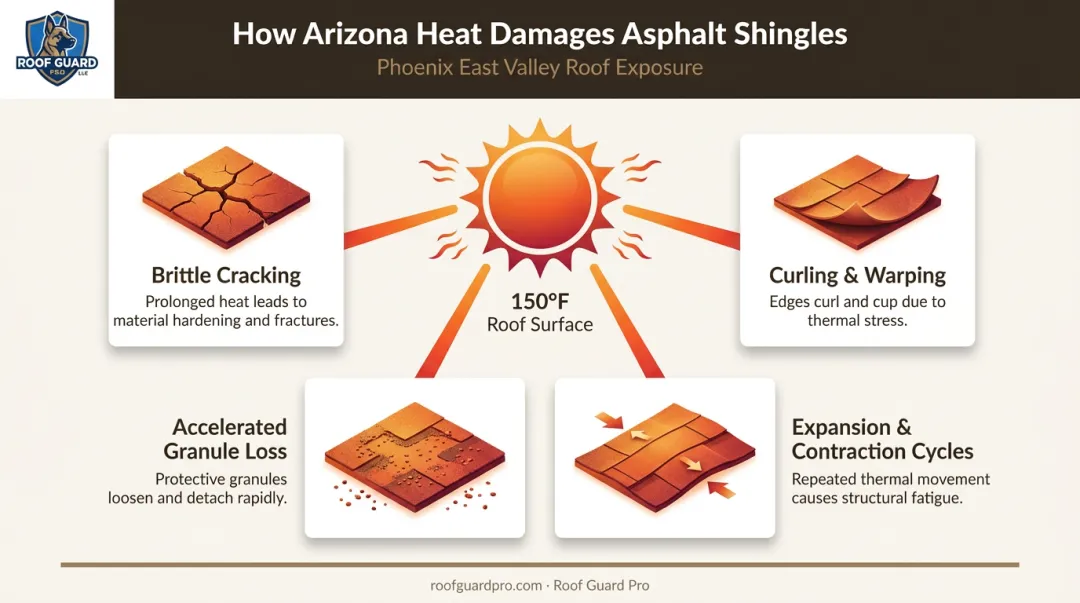 Arizona heat and UV damage effects on asphalt shingles infographic