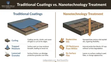 Traditional surface roof coatings versus nanotechnology penetrating shingle treatments comparison