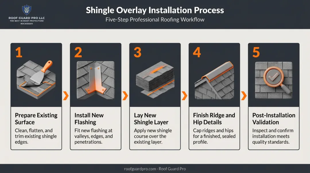 5-step shingle overlay installation process from prep to validation
