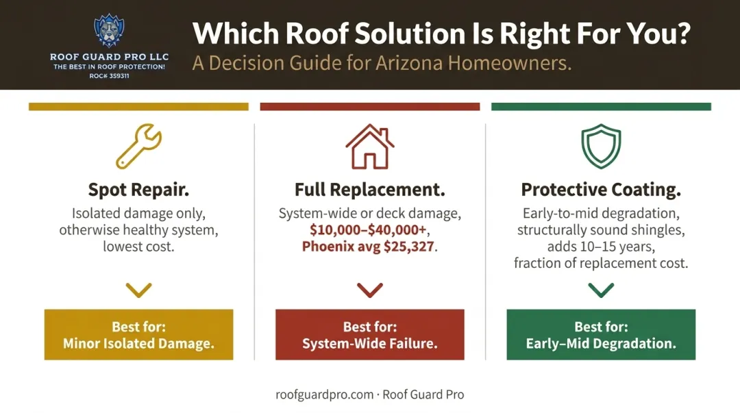 Three Arizona roof decision options spot repair replacement and protective coating cost comparison