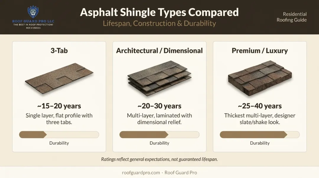 Three asphalt shingle types comparison chart lifespan construction and durability
