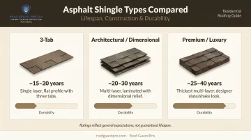 Three asphalt shingle types comparison chart lifespan construction and durability