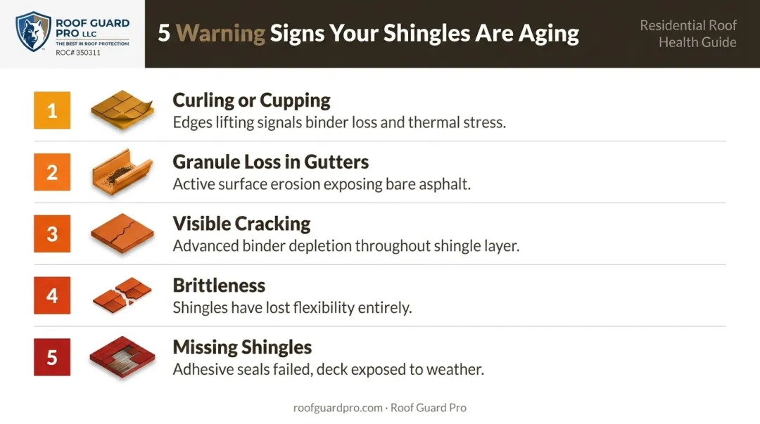 Five asphalt shingle aging warning signs homeowners should watch for infographic