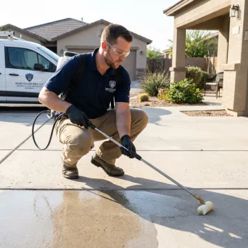 Technician applying sealer to concrete driveway