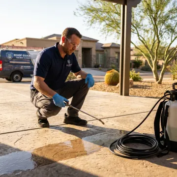 Technician applying protective coating to patio concrete
