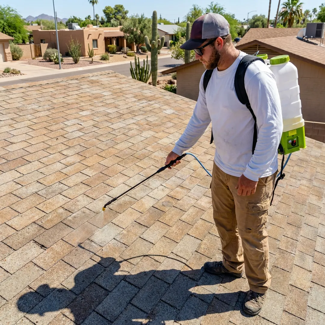 Roof specialist applying treatment to shingled roof