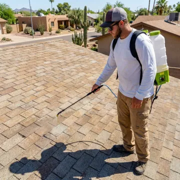 Roof specialist applying treatment to shingled roof