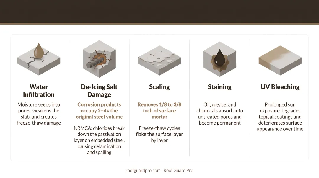 Five concrete failure modes diagram showing water damage staining and UV bleaching