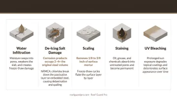 Five concrete failure modes diagram showing water damage staining and UV bleaching