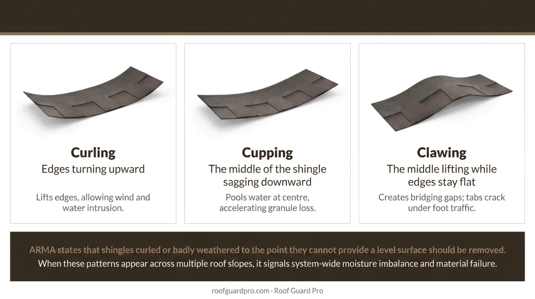 Three asphalt shingle deformation types curling cupping and clawing comparison diagram