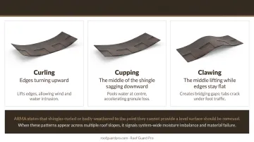 Three asphalt shingle deformation types curling cupping and clawing comparison diagram