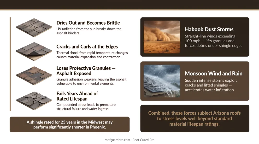 Four Arizona roof threats UV heat haboob monsoon impact infographic